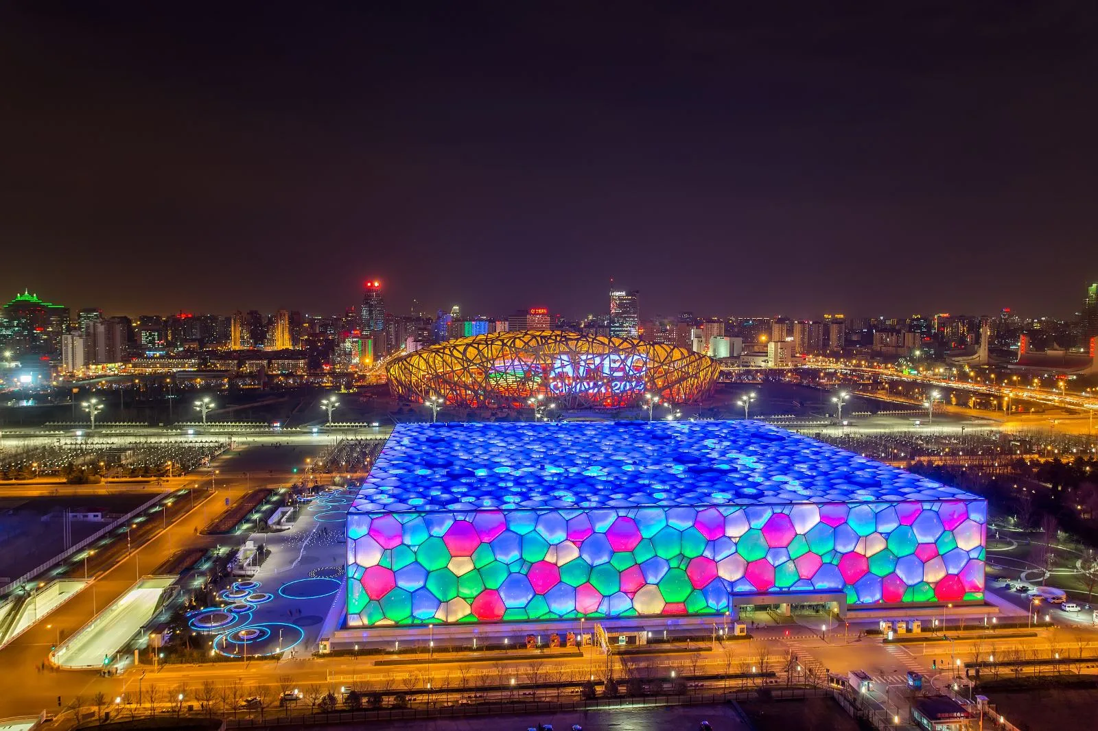 Bird’s Nest and Water Cube illuminated at Olympic Park